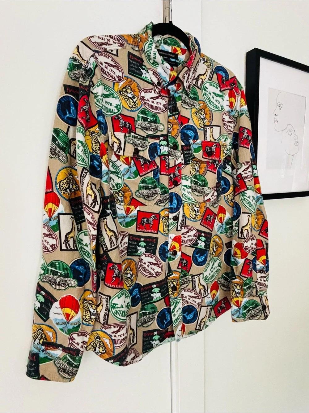 Men's Banana Republic Travel Safari Print linen/cotton button up shirt size MED